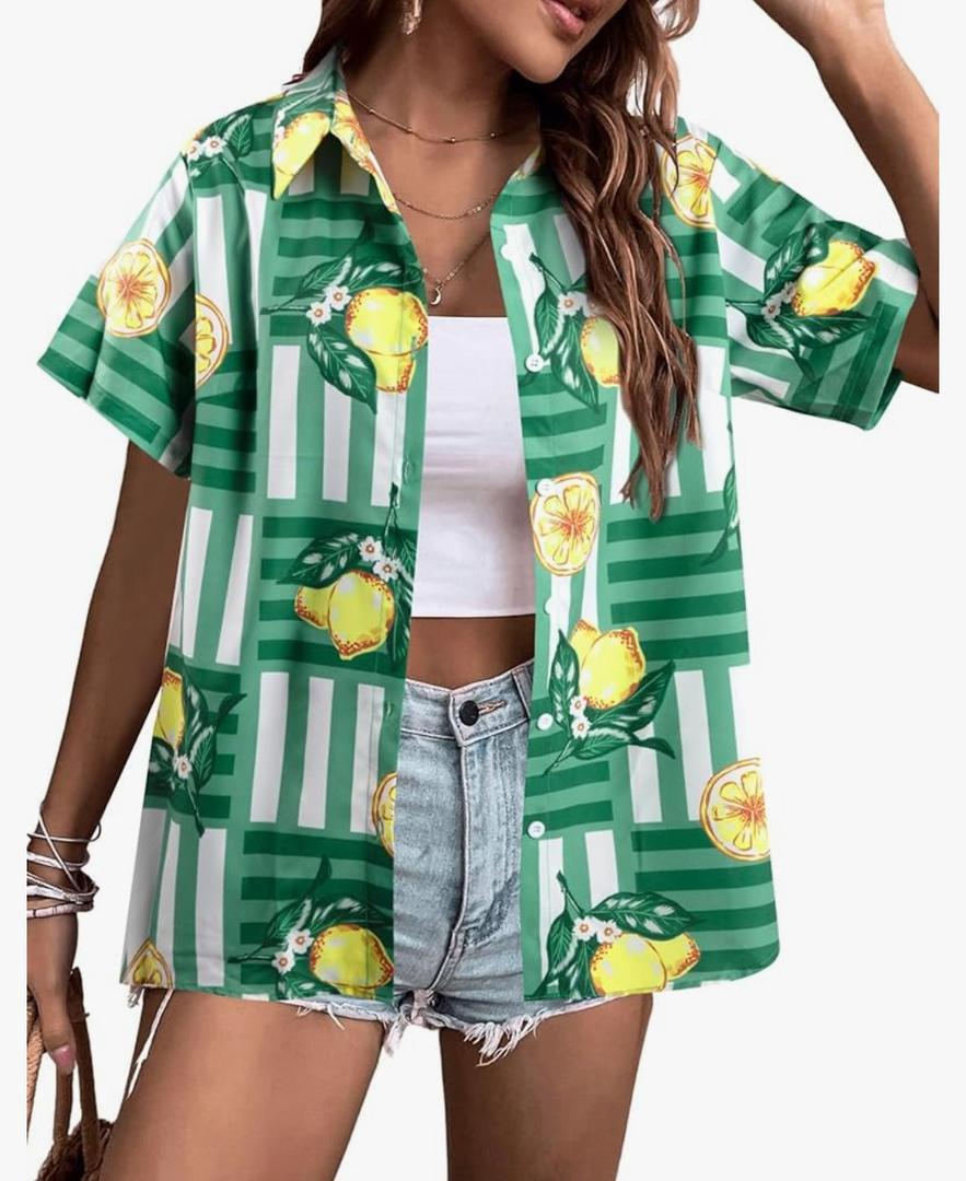 ALLTB Hawaiian Shirts for Women Tropical Floral Printed Hawaii Shirts Button Down V Neck Short Sleeve Blouses Tops