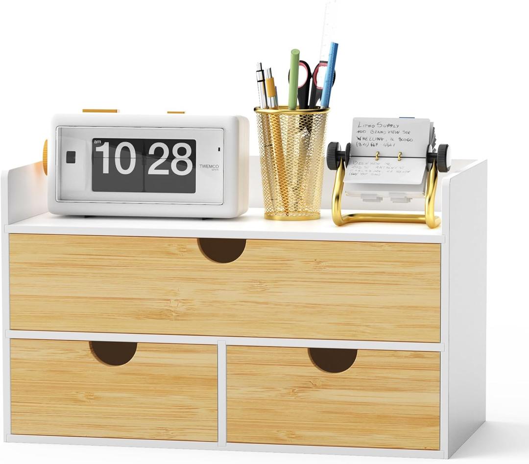 Wisuce Desk Organizer with Drawers - Bamboo Desktop Organizer Storage | White-Natural Wood Desk Drawers Organizer for Bills, Office Supplies, Cosmetics, Seals No Assembly Required (13L x 6.6W x7.87H)