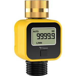 Water Flow Meter with Brass Inlet Metal Thread 3/4 Inch, TRJZWA Measure Gallon/Liter Consumption and Flow Rate for Outdoor Garden Hose Watering RV Water Tank Filling Lawn Sprinkler and Nozzle Sprayer