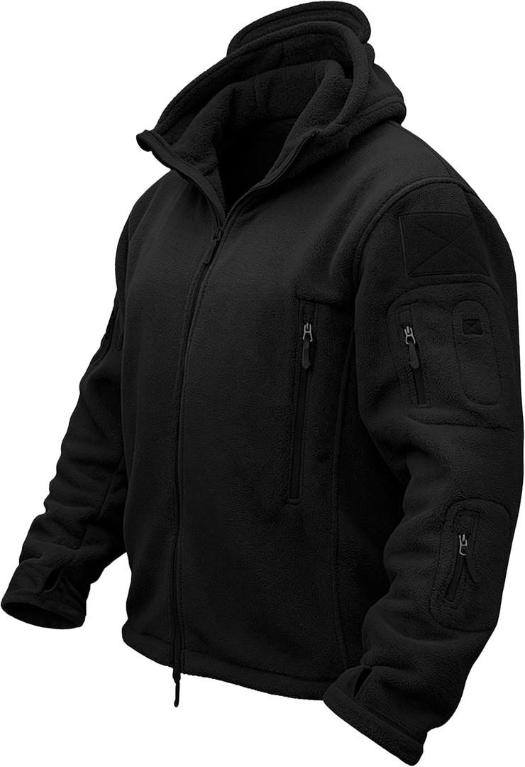 TACVASEN Mens Fleece Jacket Tactical Hoodie Military Winter Warm Full Zip (Black, XXL)