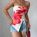 Women's Floral Strapless Tube Top Drawstring Ruched Asymmetrical Bandeau Tops Festival Rave Outfits (L)