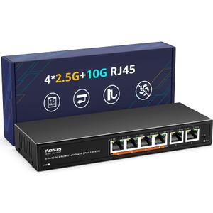 6 Port 10G Ethernet Switch Unmanaged, 4 x 2.5G Base-T Ports, 2 x 10Gb RJ45 Ports, Compatible with 100/1000/2500Mbps, Metal Fanless, VLAN, YuanLey 2.5Gbe Network Switch for 2.5G/10G NAS, Wireless AP