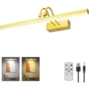 Picture Light, Picture Lights for Wall Cordless,16inch Picture Lights with Timer and Dimmable, 5000mAh Battery Wall Lights for Display Gallery Painting Art Frame Portrait - Plated Gold, 2 Color