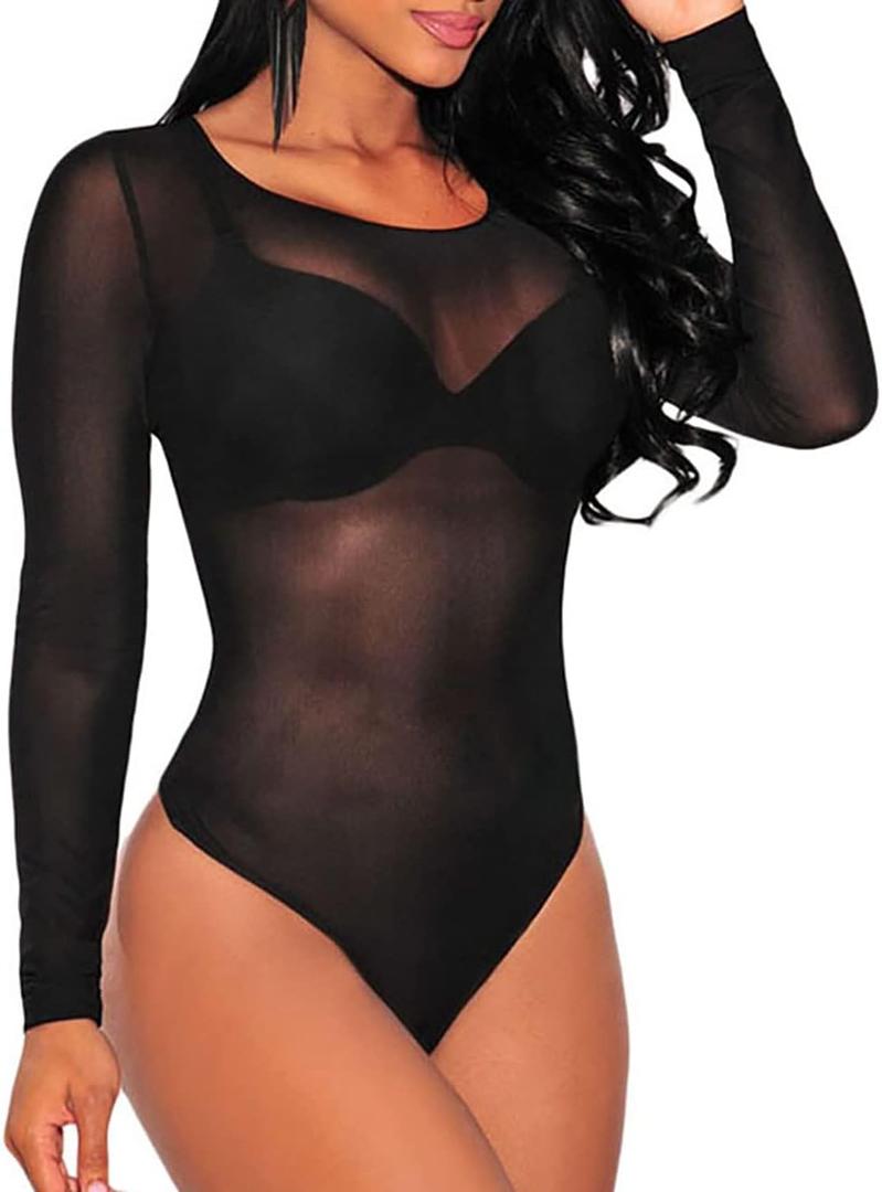 Lrady Women's Sheer Mesh Turtleneck Neck See Through Leotard Bodysuit Body Tops (Medium, W-black)