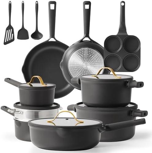 CAROTE 17pcs Pots and Pans Set Non Stick Dark Grey, Kitchen Cookware Set with Gold Trim, Premium Nonstick Pot and Pan, Induction Cookware