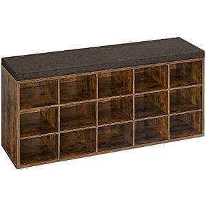 VASAGLE Shoe Bench with Cushion, 15 Compartments, 11.8 x 41.3 x 18.9 Inches | Entryway Storage Bench with Padded Seat, for Bedroom, Rustic Brown and Chestnut Brown, CUSTOS Collection ULHS15BX