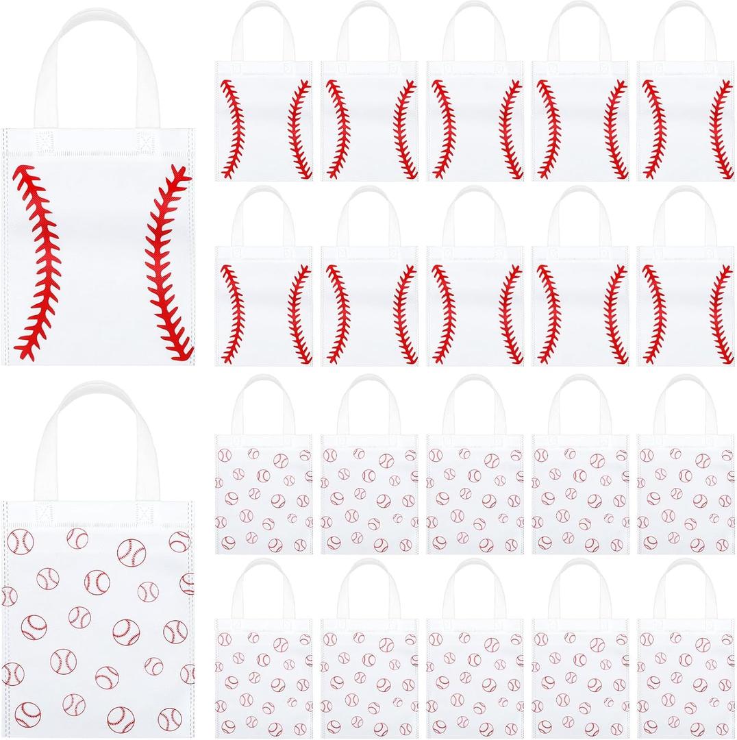 Sweetude 24 Pcs Baseball Non Woven Snack Bags White Baseball Treat Goodies Candy Bags with Handle, Sport Theme Party Favor Bag for Team, Party Decorations Supplies for Player, 7.9 x 9.9 Inch