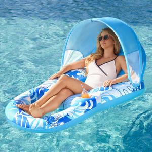 SLOOSH Inflatable Pool Floats Lounger Adult, Pool Lounge with Canopy Raft Floaties Water Floating Recliner Chair with Cup Holders Foot Rest Swimming Floaty (Blue)