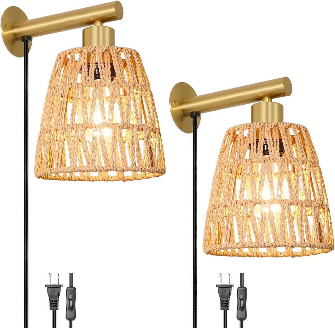 Boho Plug in Wall Sconce Set of 2, Gold Plug Sconces Set of 2, Rattan Sconce Light Fixture with 5.9FT On/Off Switch Cord, Farmhouse Wall Mounted Light for Bedroom Living Room Reading Hallway