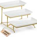 LAUCHUH 3 Tier Serving Stand Porcelain Serving Platter Tier Serving Trays with Collapsible Sturdier Rack, Serving Dishes and Platters for Valentine's Day, Christmas, Entertaining, Gold, 12 Inch