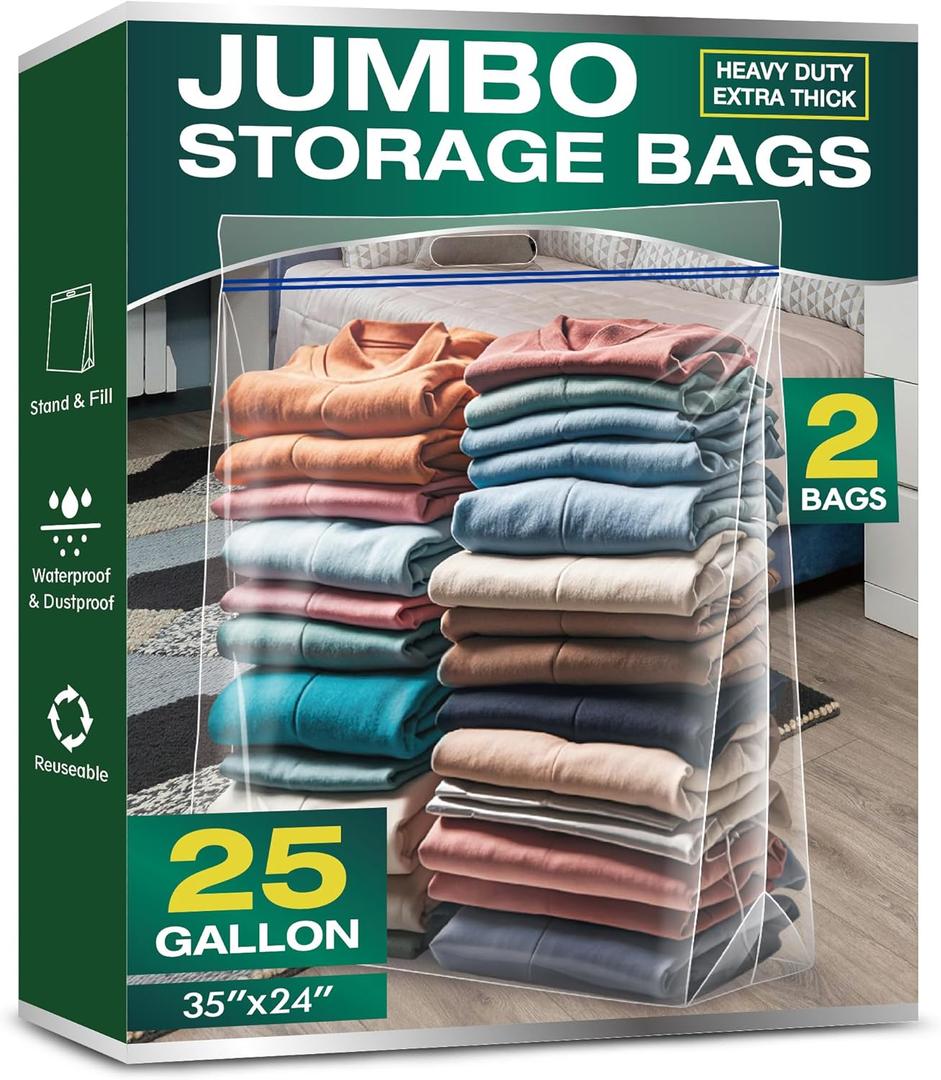 25 Gallon Jumbo Storage Bags, 3.5 Mil Thick Clear Plastic Zipper Bags with Handles, 35" x 24" Extra Large XL Heavy Duty for Home, Travel, and Moving (2 Packs)