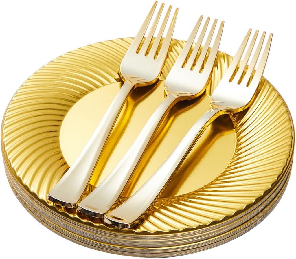 N9R 60pcs Gold Plastic Dessert Plates with Forks, Include 30pcs Disposable Dessert Plates 7 inch, 30pcs Gold Plastic Forks 7.4 inch for Parties Weddings Birthday (Plates with forks 7.4 inch)