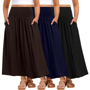 Ficerd 3 Pack Plus Size Maxi Long Skirts for Curvy Women, Ankle Length a Line Pleated High Waisted Summer Skirts with Pocket 5XL