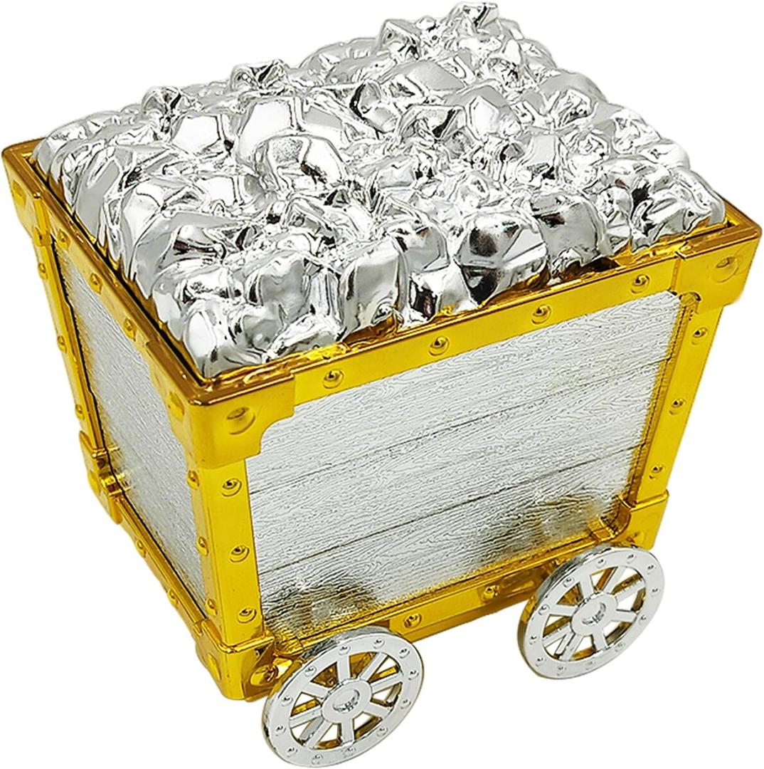 Toy Mine Car Treasure Chest - Shiny Gold & Silver Pirate Storage Box for Kids, Durable Non-Toxic Role-Play Accessory for Parties, Room Decor, Treasure Organizer (3.3"x4"x4")