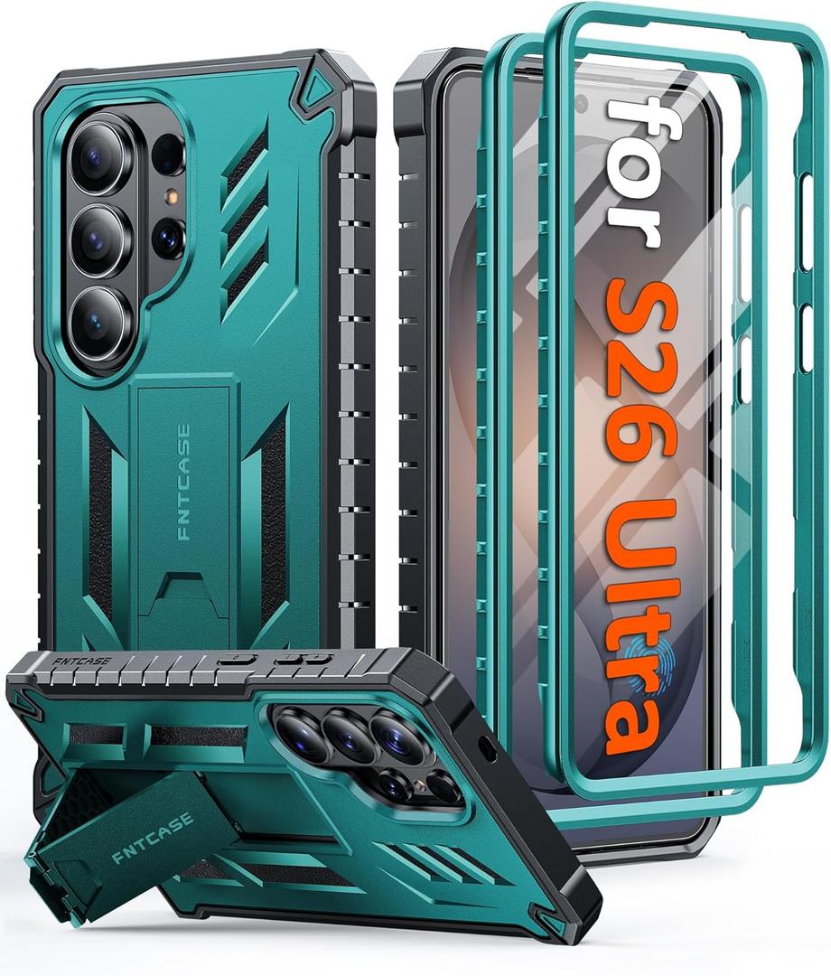 FNTCASE for Samsung Galaxy S26-Ultra Case: [Built-in Screen Protector & Kickstand] [2 Front Frames] [Military-Grade Drop Protection] Heavy Duty Shockproof Rugged TPU Case Full Body Protective Green