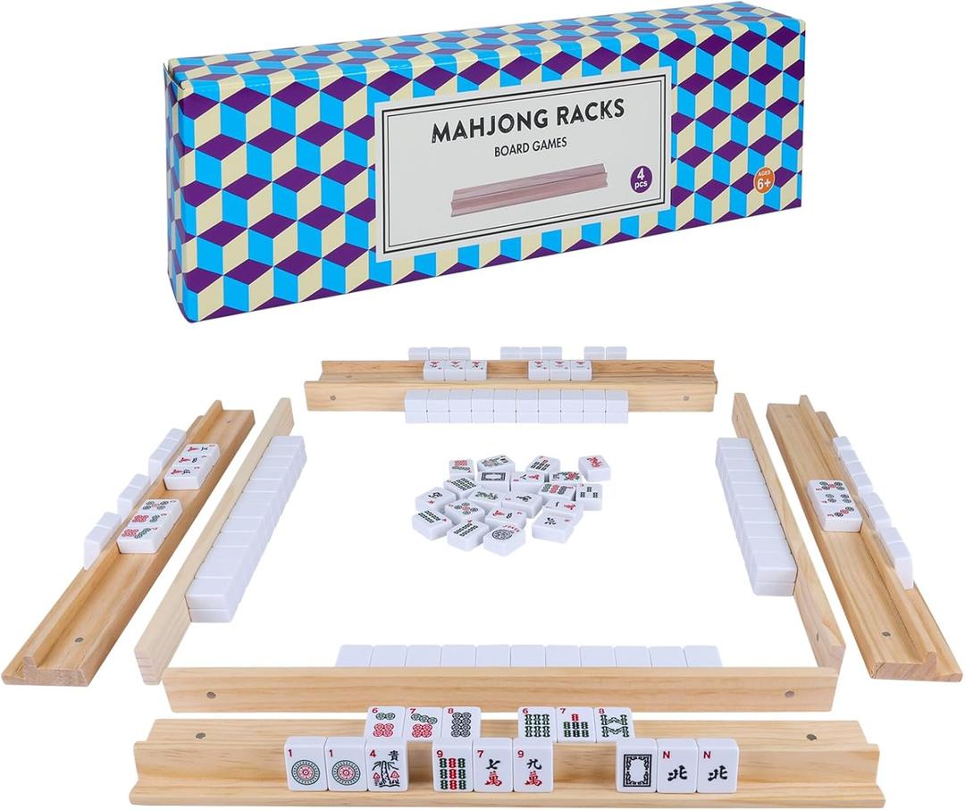 Upgraded Wooden Mahjong Racks, Set of 4 Trays for Mahjong Games, Premium Holders for Mahjong, Mexican Train, Dominoes and More Game Stands (Includes Magnetically Attached Mahjong Pushers)