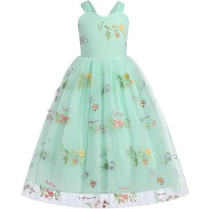 Flower Girl Dress Princess Sleeveless Floral Embroidered Kids Summer Wedding Pageant Birthday Tutu Tulle Dress (3-4T, Green)