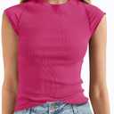 Tankaneo Womens Cap Sleeve Tops Crew Neck Ribbed Knit T Shirt Summer Casual Slim Fit Basic Tees Tshirt (Pink)