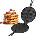 DVK Cast Iron Waffle Cookware Two Piece Hinged Non Electric Waffle Iron for Stovetop or Grill Makes 7" Round Waffles Design Waffle Pan (8 IN)