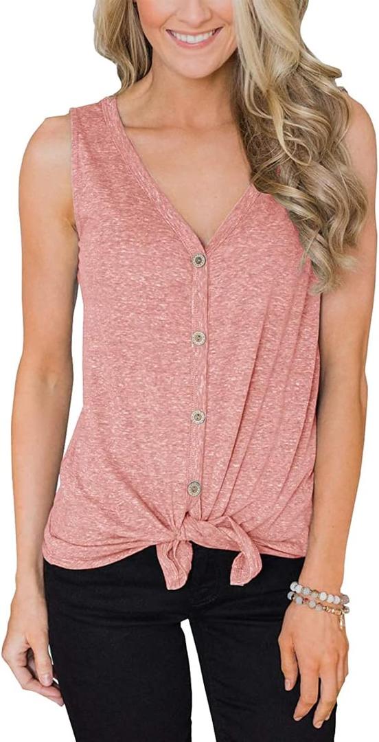 Barlver Women Tie Knot Button Down Shirts Summer Henley Tank Tops Casual Sleeveless Blouse Cotton Tunics Tops (Medium, Pink)