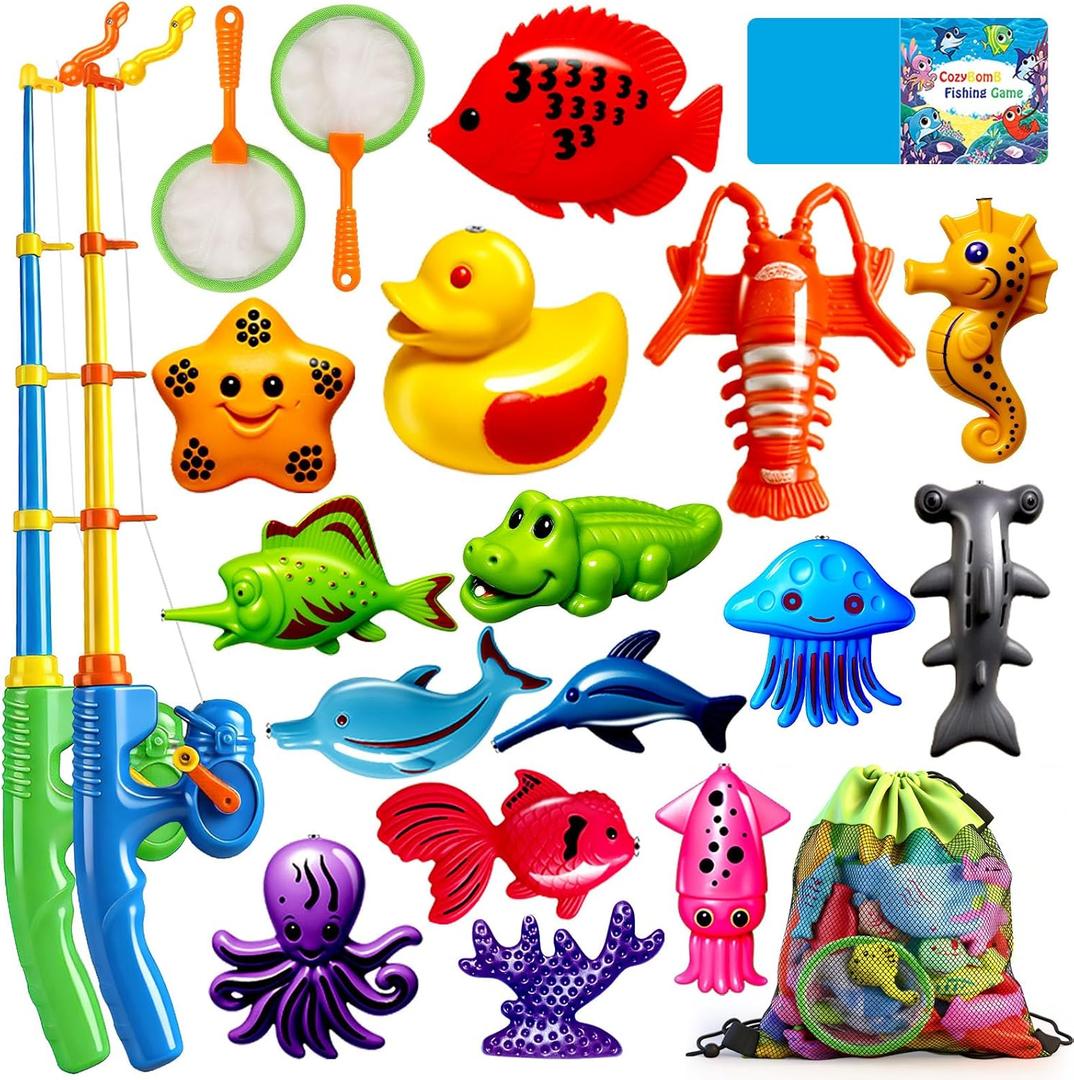 CozyBomB Magnetic Fishing Toys Game Set for Kids | Water Table Bathtub Kiddie Pool Party Pole Rod Net, Outdoor Plastic Floating Fish, Toddler Bath Color Ocean Sea Animals Birthday Gift Age 3-5 6 4-8