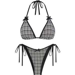 ZAFUL Women's Sexy Halter Bikini Sets Bow Decor Tiny Floral Print Bikini Swimsuits Tie Side Triangle Bathing Suits (Small, 2-black-white)
