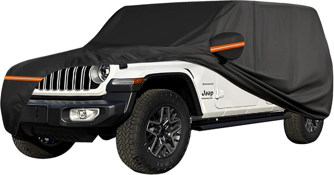 Amooca Heavy-Duty Car Covers Custom Fit for Jeep Wrangler 4 Door 2007-2024 Waterproof Sun-Proof All Weather for Automobiles Snow Cover 420D with Door Zipper Cotton Lining