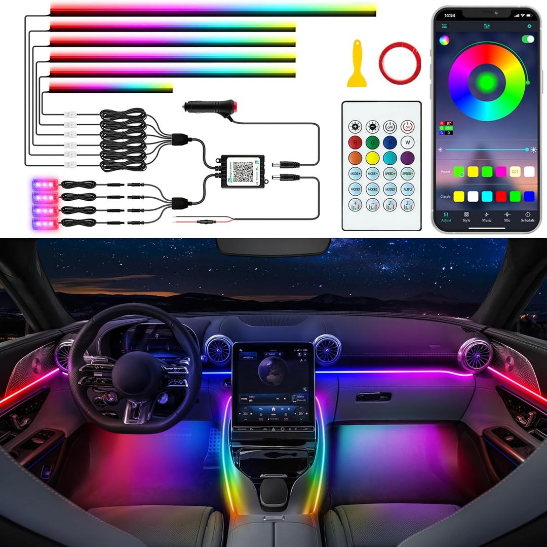 Jushope Car LED Strip Lights, Interior Acrylic LED Lights for Car with Dynamic Rainbow Dream Color Chasing, Ambient Lighting Kits Music Sync (10 in 1(4 * 29.5+43.3+14.5 inches+4 Footwell Lights))