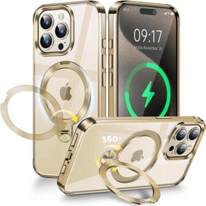 [CD Metal Ring & Invisible 360 Spin Stand] Magnetic Case for iPhone 15 Pro Max [Electroplated Shockproof Bumper ] [Compatible with Mag Safe] Cover with Stand for Women Men Slim Clear - Gold