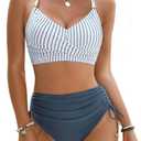 Blooming Jelly Womens High Waisted Bikini Sets Drawstring Tummy Control Swimsuits Crisscross Tie Back Bathing Suit (Medium, Metal-striped Blue)