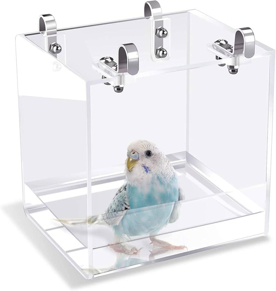 GURECOD Hanging Bird Bath Cube Bird Bathtub Bath Shower Box Bowl Cage Accessory for Little Bird Canary Budgerigar Parrots Crested Myna Cockatiel Lovebird Parakeet Bath (Small)