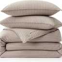Bedsure Striped Duvet Cover Queen, 100% Washed Cotton Duvet Cover LinenLike, PureWoven with Reversible YarnDyed Design & DoubleStitch Craft, 3-Piece with Zipper, Stripes Light Brown, 90"x90"