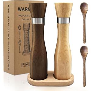 WARMKEY Premium Beech Wood Salt and Pepper Grinder Set 5PC, 9" Manual Mills with Tray & Spoons, Adjustable Ceramic Core, Refillable, NonSlip Base  Kitchen Counter Decor