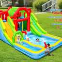 WELLFUNTIME Inflatable Water Double Slides Park with Blower, Shade Tent Bounce House with 2 Climbing Walls, 3 Water Pools, 226x168x98 Inch