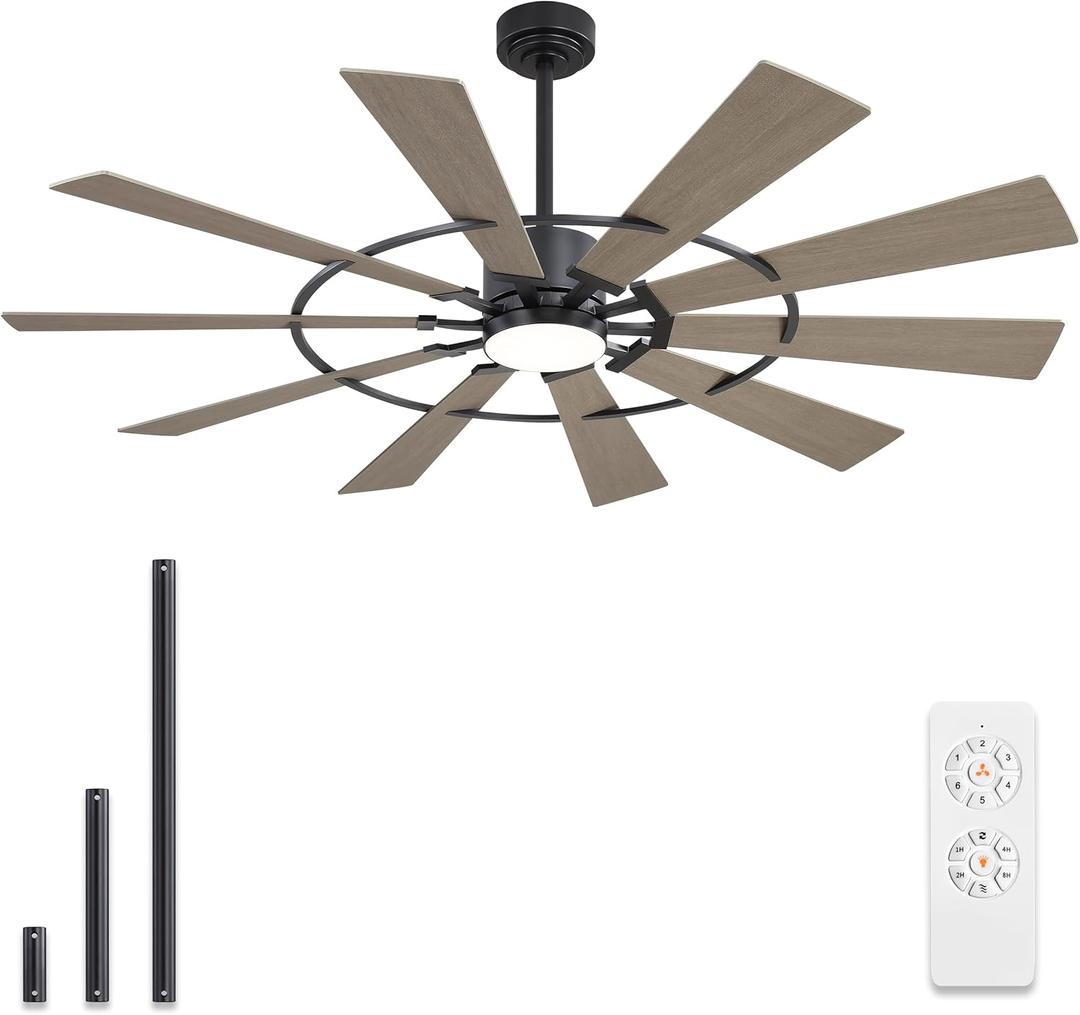 WINGBO 72" Windmill Ceiling Fan with Lights, 3 Downrod, 6-Speed Reversible DC Motor, 3CCT, 10 Blade Indoor Farmhouse DC Ceiling Fans for Kitchen Bedroom Living Room Patio, Matte Black and Grey