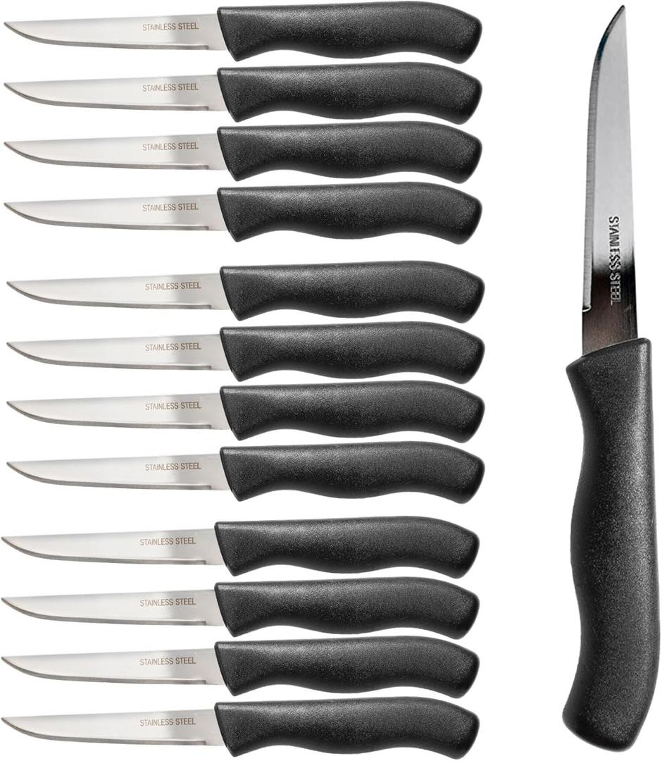 Paring and Garnishing Knife, 12-Piece Set, Knives with Straight Edge 3 Inch Blade, Stainless Steel, Spear Point, Fruit and Vegetable Cutting and Peeling, Black