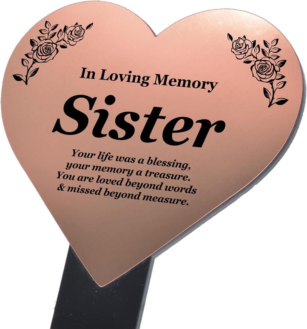 Sister Memorial Plaque Stake Grave Decoration for Cemetery Metallic Copper Heart Memorial for Sister Robust and Waterproof Temporary Grave Marker for Sister Graveyard Memorial for Sister, 5.6" wide x 10" high