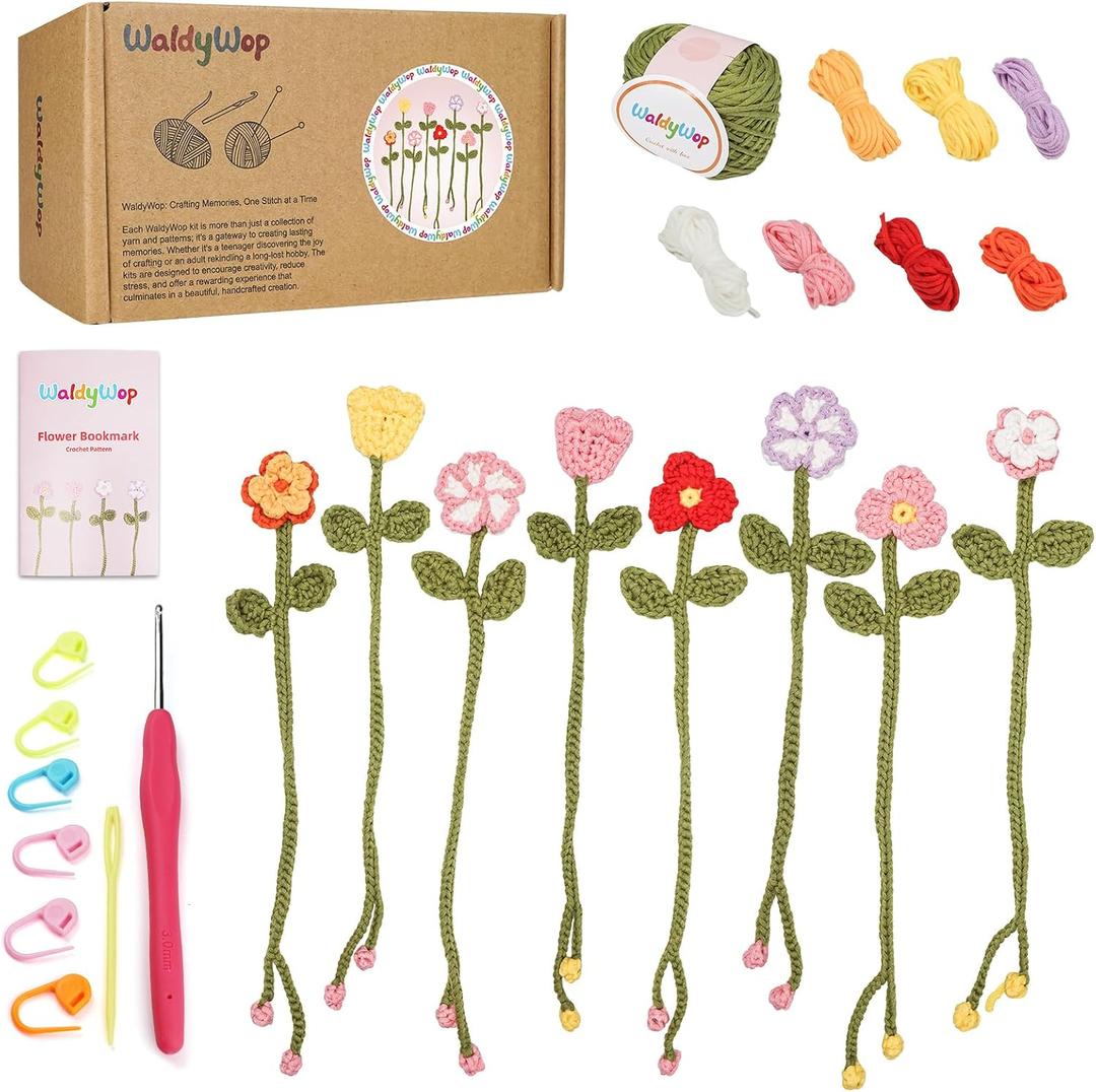 WaldyWop Crochet Kit for Beginners - 8 Flower Bookmarks Knitting Kit w/Step-by-Step Video Tutorials & Soft Yarn, Hook - Wobbles DIY Art Craft Kit for Adults, Birthday Gifts for Women Teen, 3.15 x 5.91 x 2.56 inches