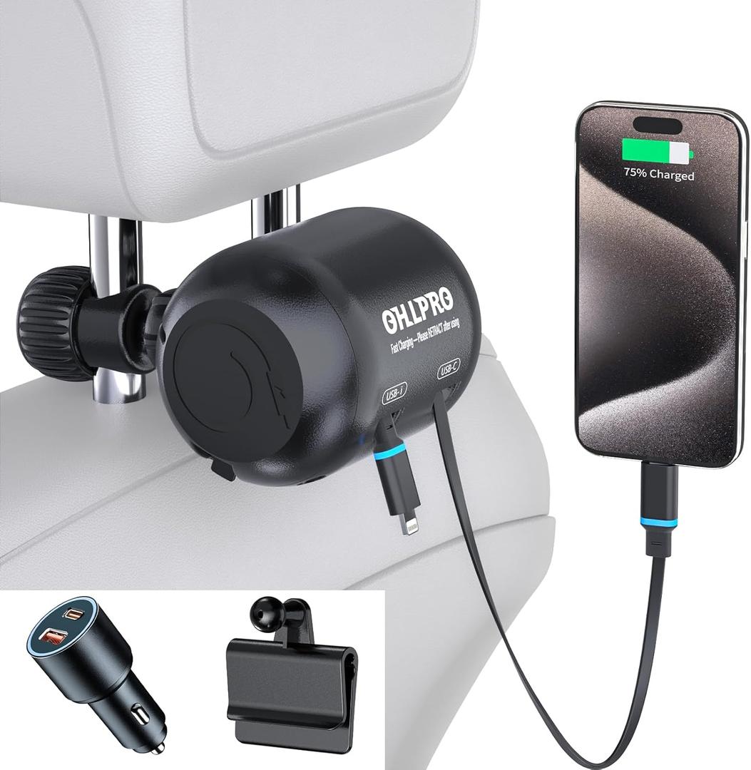 OHLPRO Multi Car Retractable 2 in 1 Backseat Car Charging Station Box with QC 3.0 Adapter, 75W Type-C/Lightning Car Charger for All Cars(Including Tesla) Chargers for Lyft Uber Driver and Passengers