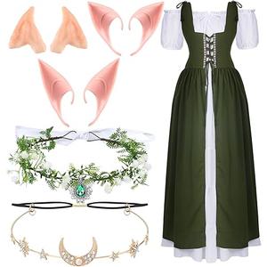 Bonuci 6 Pcs Women Renaissance Costume Fairy Dress Medieval Costume with Elf Ears, Moon Head Chain and Woodland Fairy Crown, Light Green, S/M