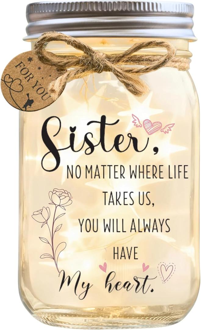 Christmas Gift for Sister  Mason Jar Night Light, LED Glass Jar with Rustic Twine & "For You" Tag, Sentimental Keepsake Lamp, Sister Gifts from Sister or Brother, Cute Home Dcor, Birthday. (Stellar)
