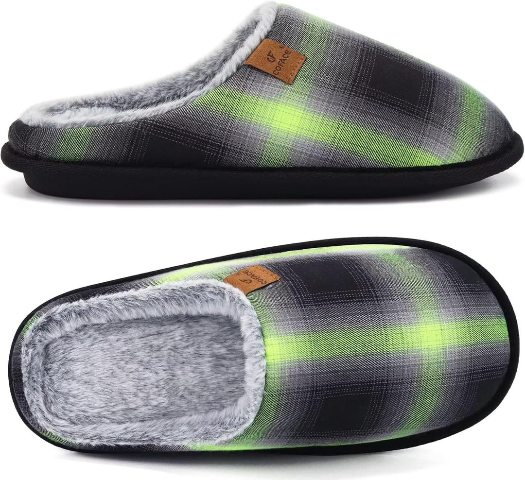 COFACE Mens Cozy Memory Foam Scuff Slippers Casual Slip On Warm House Shoes Indoor/Outdoor Sandal Slippers With Arch Support Rubber Sole Size 7-15 (11, Green Black)