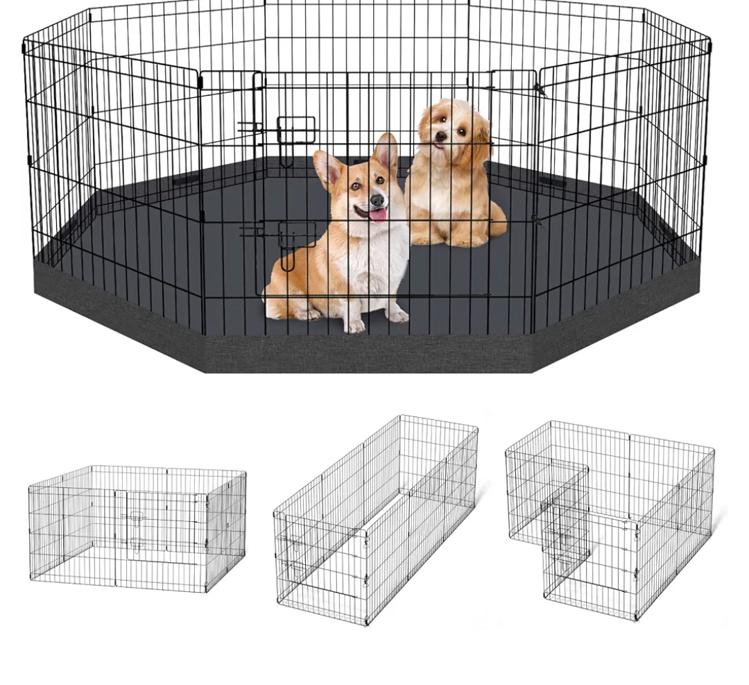 Dog Pen Pet Playpen Dog Fence Indoor Foldable Metal Wire Exercise Puppy Play Yard Pet Enclosure Indoor Outdoor 8 Panels 24 Inch with Bottom Pad/Top Cover (Black with Bottom pad)