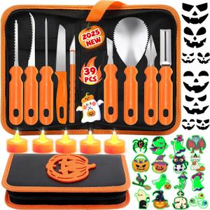 Pumpkin Carving Kit, 39 PCS Stainless Steel Pumpkin Carving Tools with Halloween Stickers and Candles, Halloween Decorations Gifts for Family DIY, Pumpkin Decorating Kit with Box for Kids and Adults