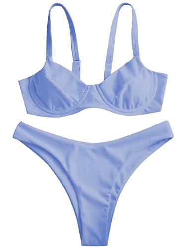 ZAFUL Underwire High Leg Ribbed Bikini Swimsuit Two Pieces Set, Small