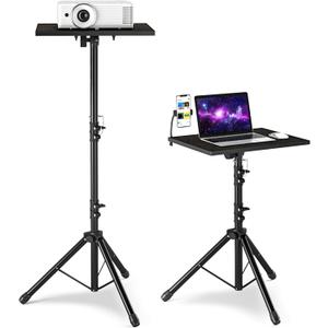 Projector Stand with Enlarged Tray (20"x16"), Laptop Tripod Stand Adjustable From 22" to 46.5" with Gooseneck Phone Holder for Office, Home, Stage, Studio, DJ Racks Musical Instruments (Black)