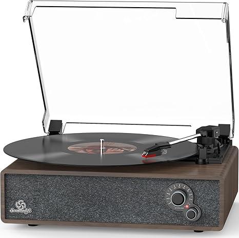 Record Player Built-in Stereo Speakers Vintage Turntable for Vinyl Records LP Phonograph Belt Drive 3 Speed 3 Size Support Wireless Input RCA Output Auto Stop Tone Adjustment Retro Wooden Walnut Brown