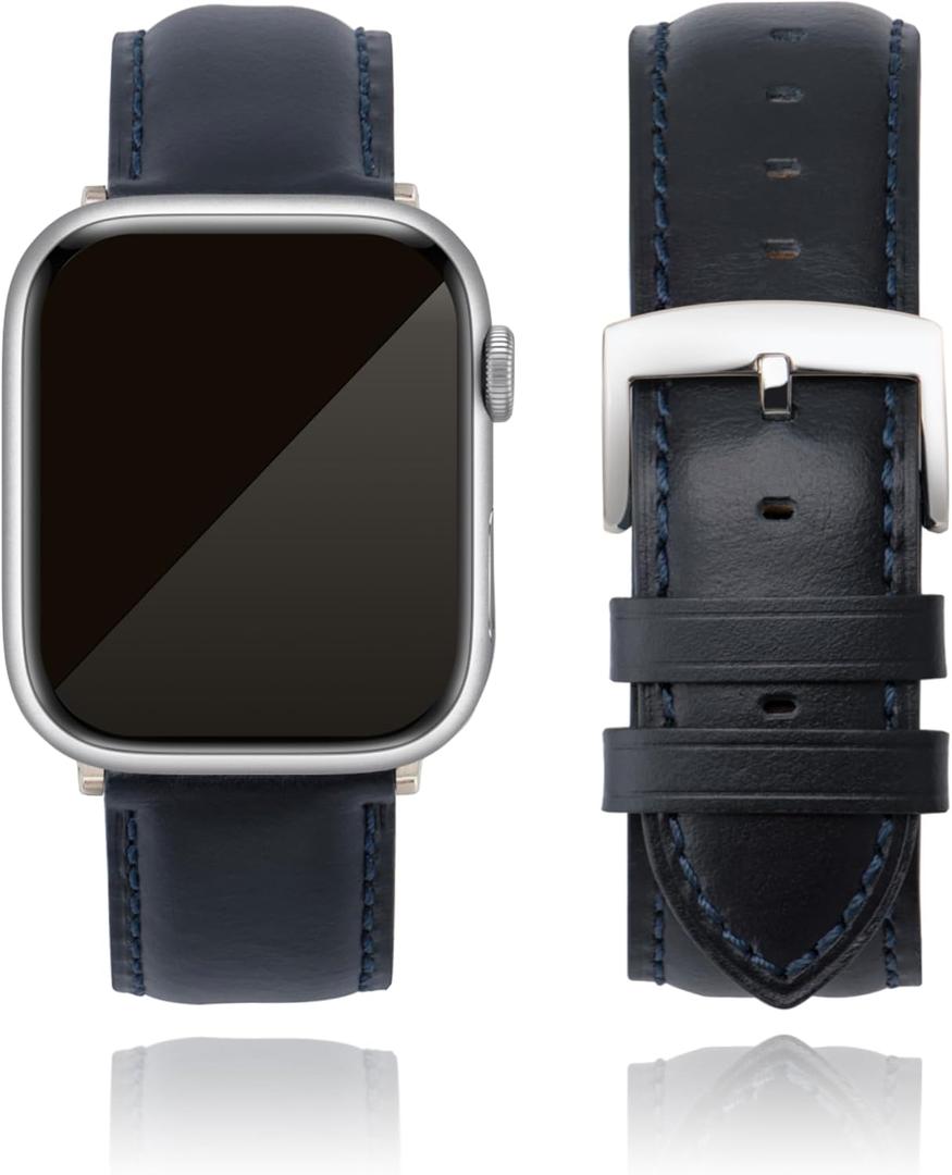 Leather Watch Bands Compatible with Apple Watch 49mm 46mm 45mm 44mm 42mm 41mm 40mm 38mm, Top Grain Genuine Leather Replacement Straps for iWatch Series 10 9 8 7 6 5 4 3 2 1 SE2/1 Ultra2/1 (Dark Blue Leather (Silver Hardware))