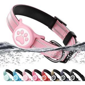 Airtag Dog Collar, Reflective Ultra-Durable Nylon Padded with QR Code Buckle & IP68 Waterproof Air Tag Holder Compatible for Apple AirTag, Comfortable for Small Medium Large Dogs(Pink,L)