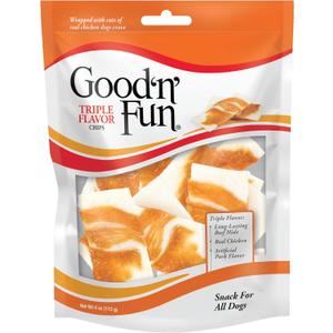 4 x Good'n'Fun Triple Flavor Chips, Dog Chew Treats, Premium Chicken and Beef Hide Treats for Dogs, 4 oz (EXP 12/13/27)